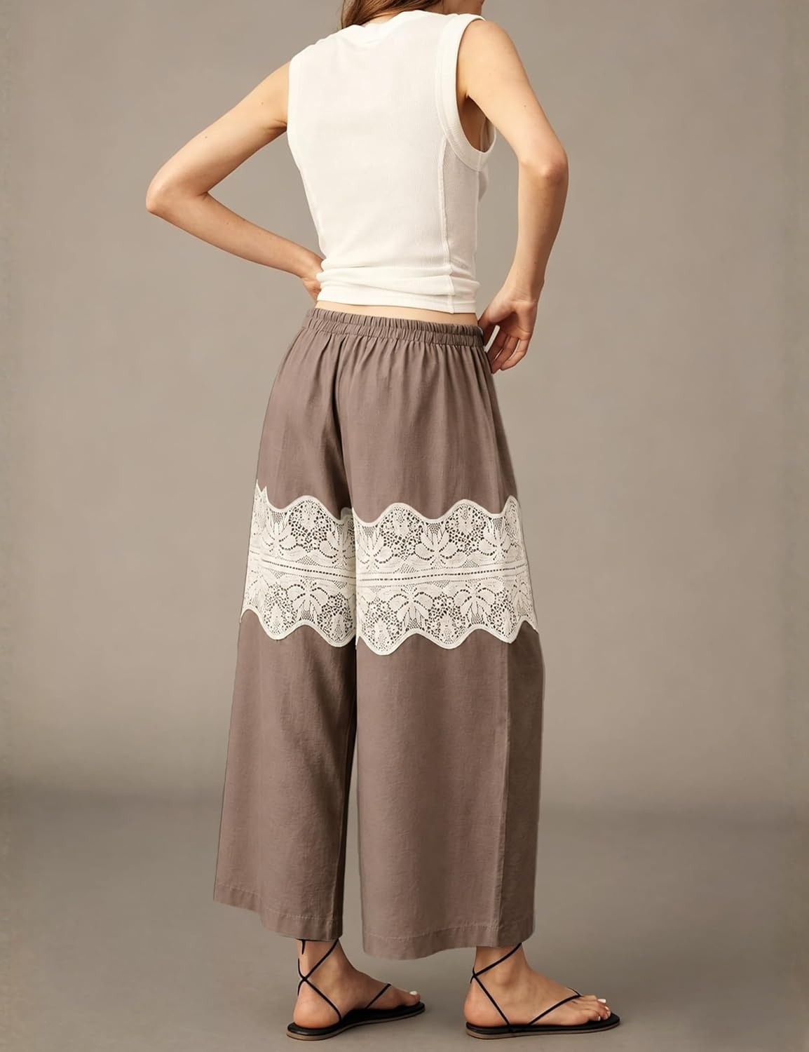 image:imageSpringrain Womens Wide Leg Lace Palazzo Pants Cotton Boho FallKhaki