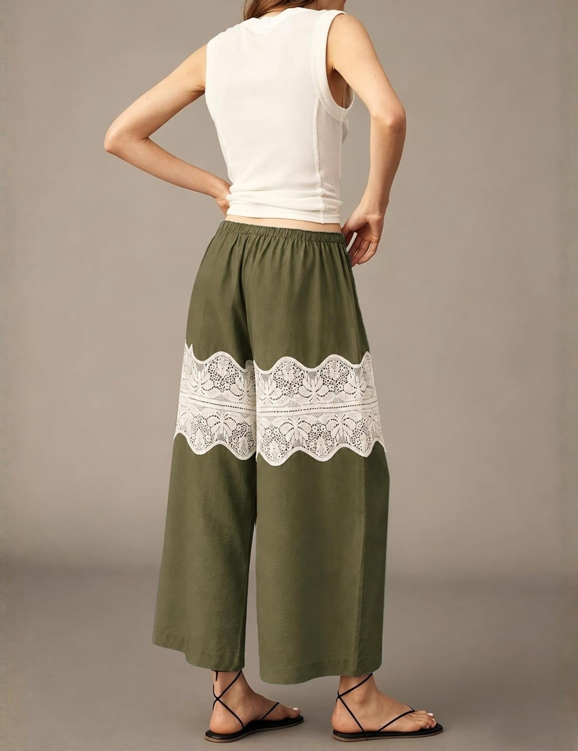 image:imageSpringrain Womens Wide Leg Lace Palazzo Pants Cotton Boho FallOlive