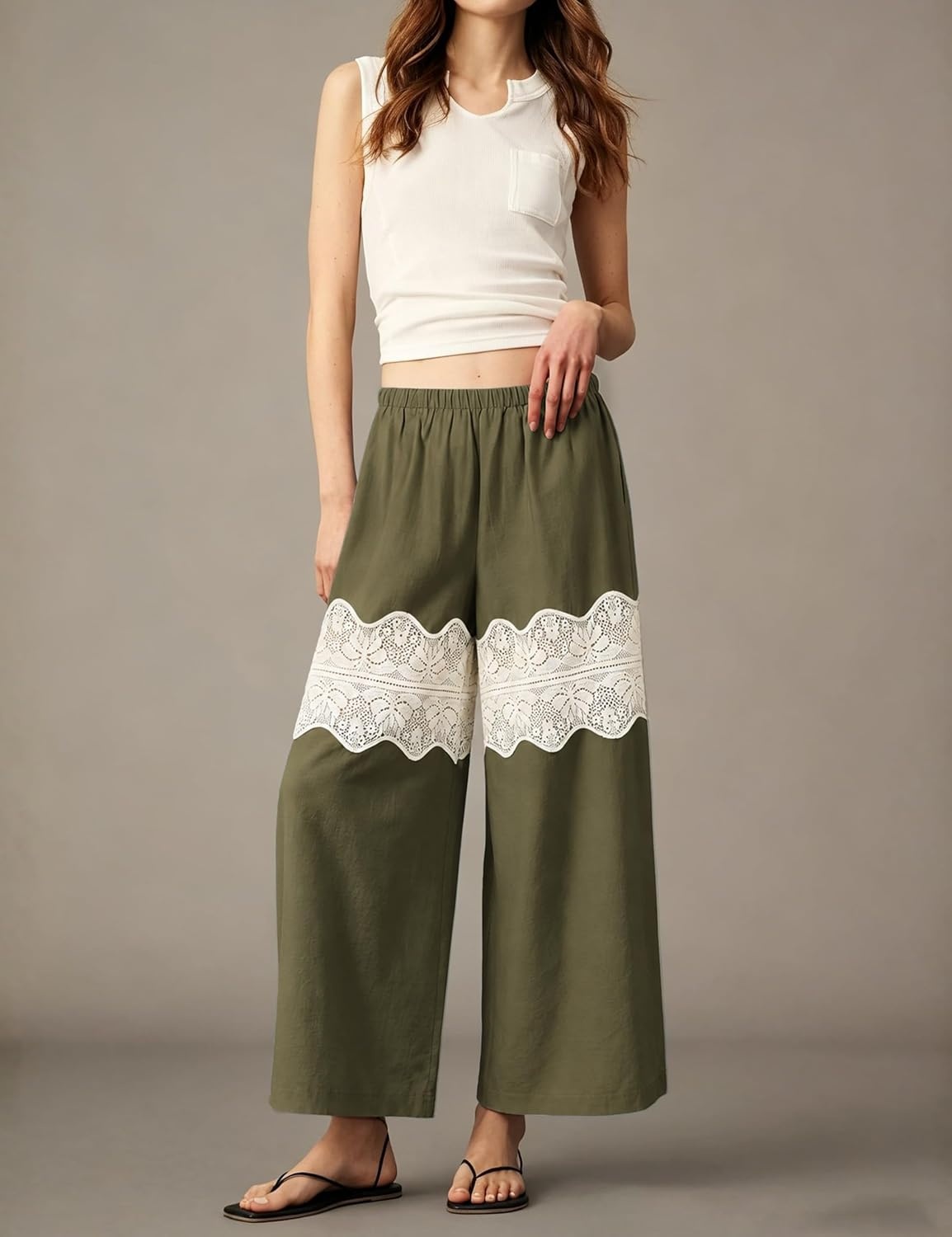 image:imageSpringrain Womens Wide Leg Lace Palazzo Pants Cotton Boho FallOlive