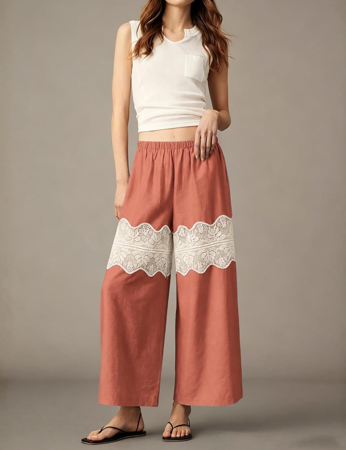 image:imageSpringrain Womens Wide Leg Lace Palazzo Pants Cotton Boho FallRust