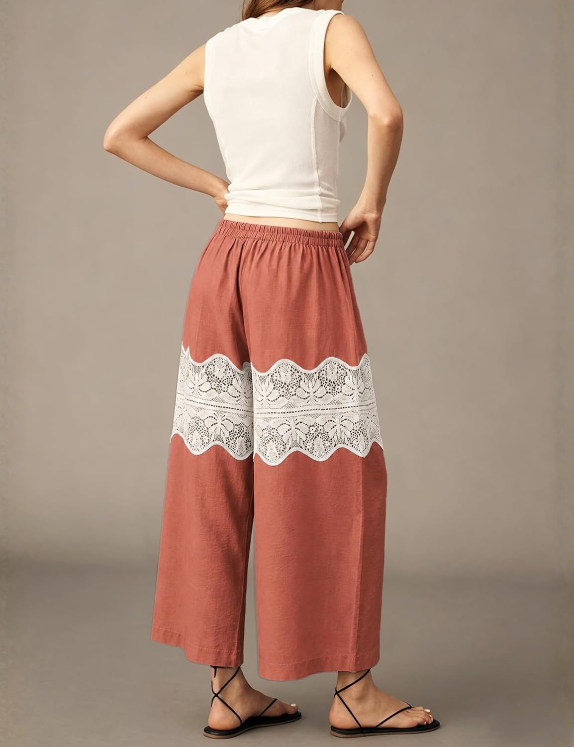 image:imageSpringrain Womens Wide Leg Lace Palazzo Pants Cotton Boho FallRust
