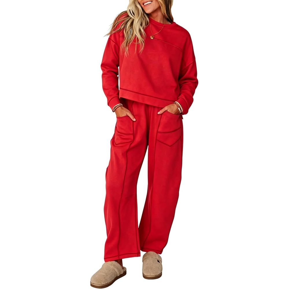 image:imageSpringrain Womens 2 Piece Outfit Long Sleeve Top Wide Leg Pants  Contrast Exposed Stitching Craft Adjustable Drawstring Waistband Side Storage Pockets Airport Loungewear Coords FitRed