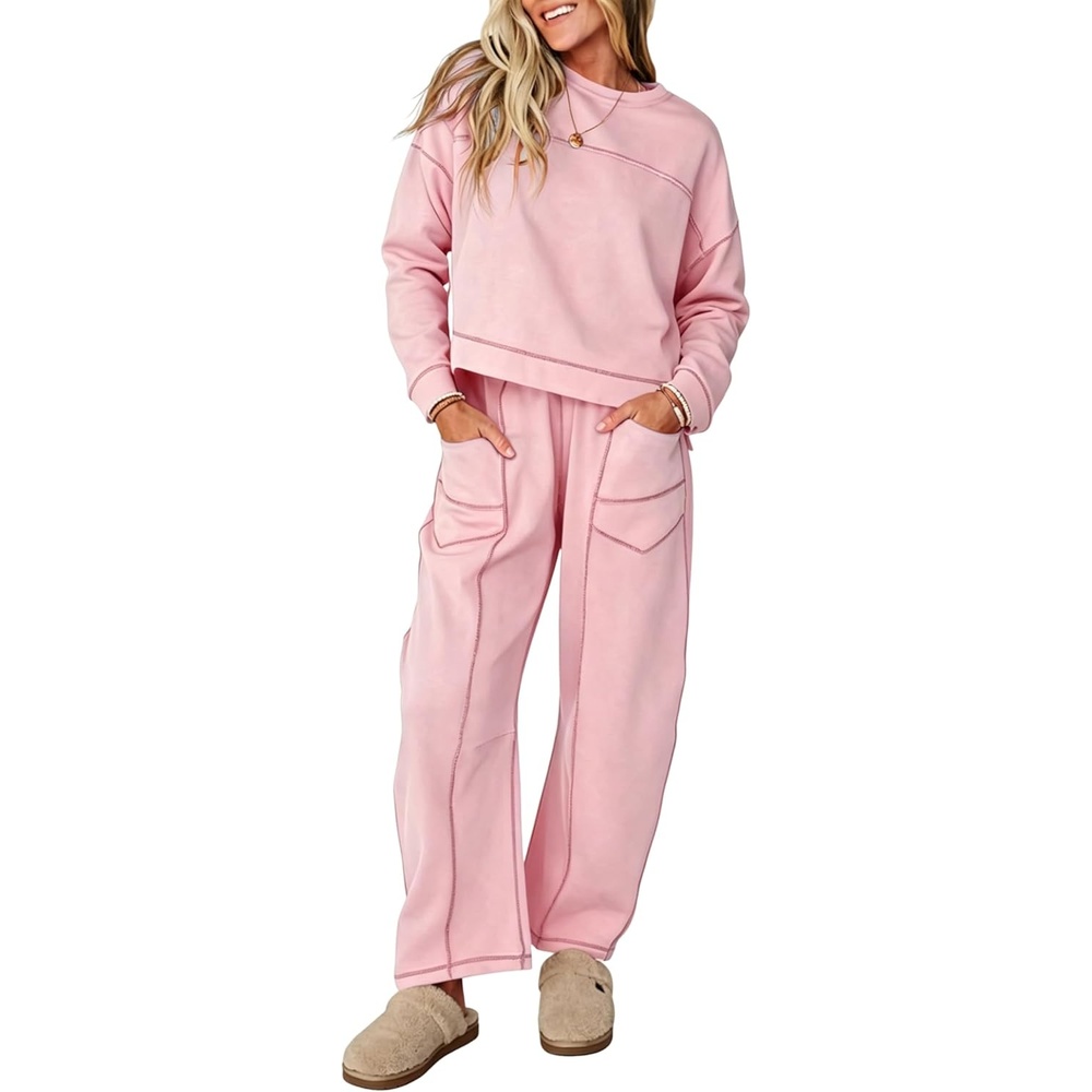 image:imageSpringrain Womens 2 Piece Outfit Long Sleeve Top Wide Leg Pants  Contrast Exposed Stitching Craft Adjustable Drawstring Waistband Side Storage Pockets Airport Loungewear Coords FitPink