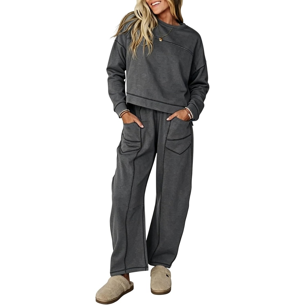 image:imageSpringrain Womens 2 Piece Outfit Long Sleeve Top Wide Leg Pants  Contrast Exposed Stitching Craft Adjustable Drawstring Waistband Side Storage Pockets Airport Loungewear Coords FitDarkgrey