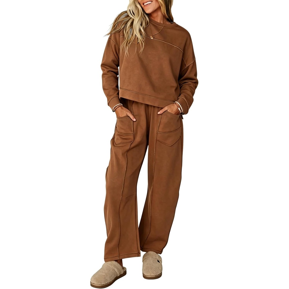 image:imageSpringrain Womens 2 Piece Outfit Long Sleeve Top Wide Leg Pants  Contrast Exposed Stitching Craft Adjustable Drawstring Waistband Side Storage Pockets Airport Loungewear Coords FitBrown
