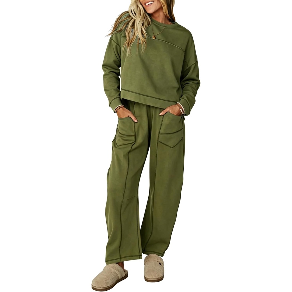 image:imageSpringrain Womens 2 Piece Outfit Long Sleeve Top Wide Leg Pants  Contrast Exposed Stitching Craft Adjustable Drawstring Waistband Side Storage Pockets Airport Loungewear Coords FitGreen