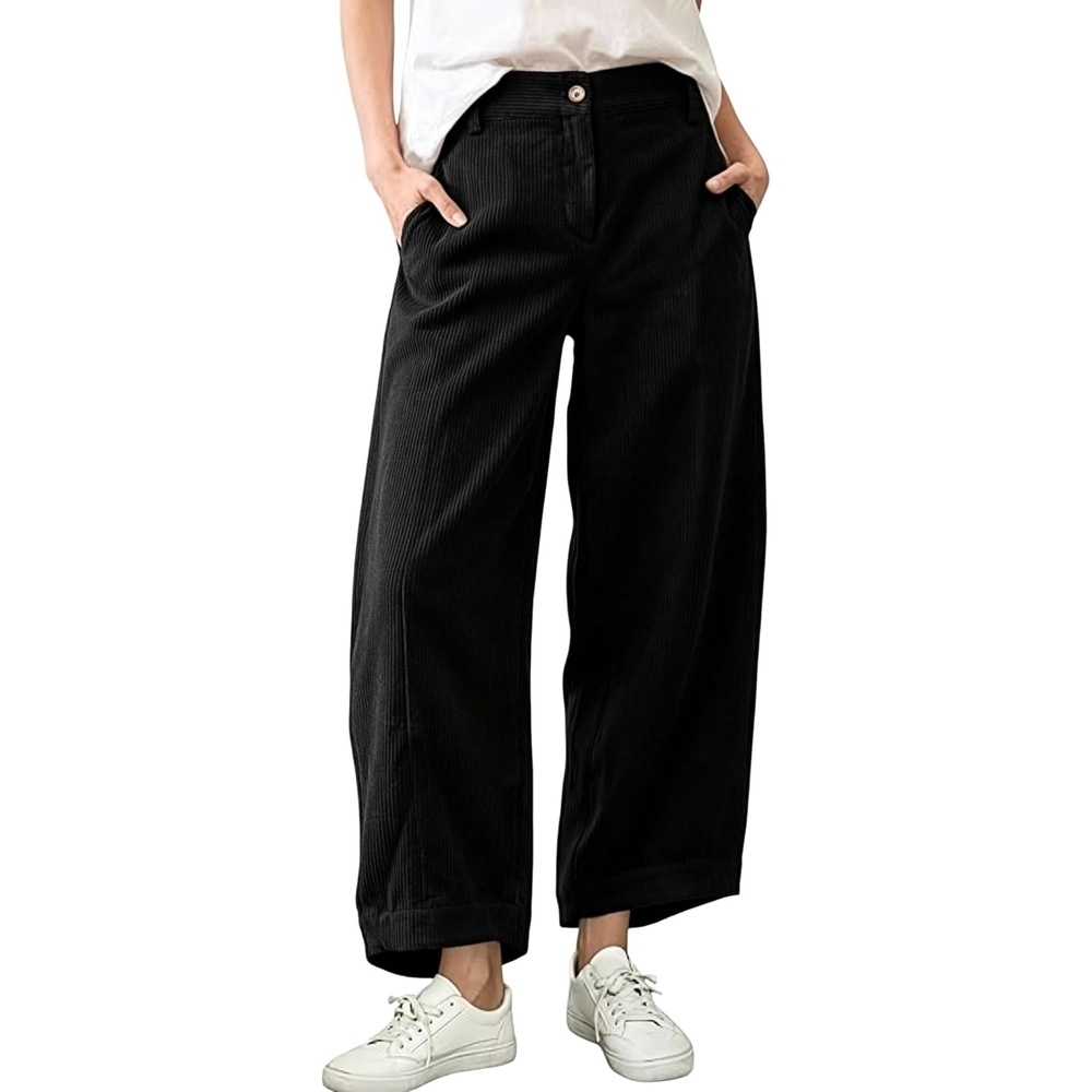 image:imageSpringrain Womens Corduroy Barrel Pants High Waist Wide Leg  Front Button Elastic Back Waist Side Pockets Rear Patch Pocket Soft Ribbed Texture for Warmth Great for Fall Daily WearBlack