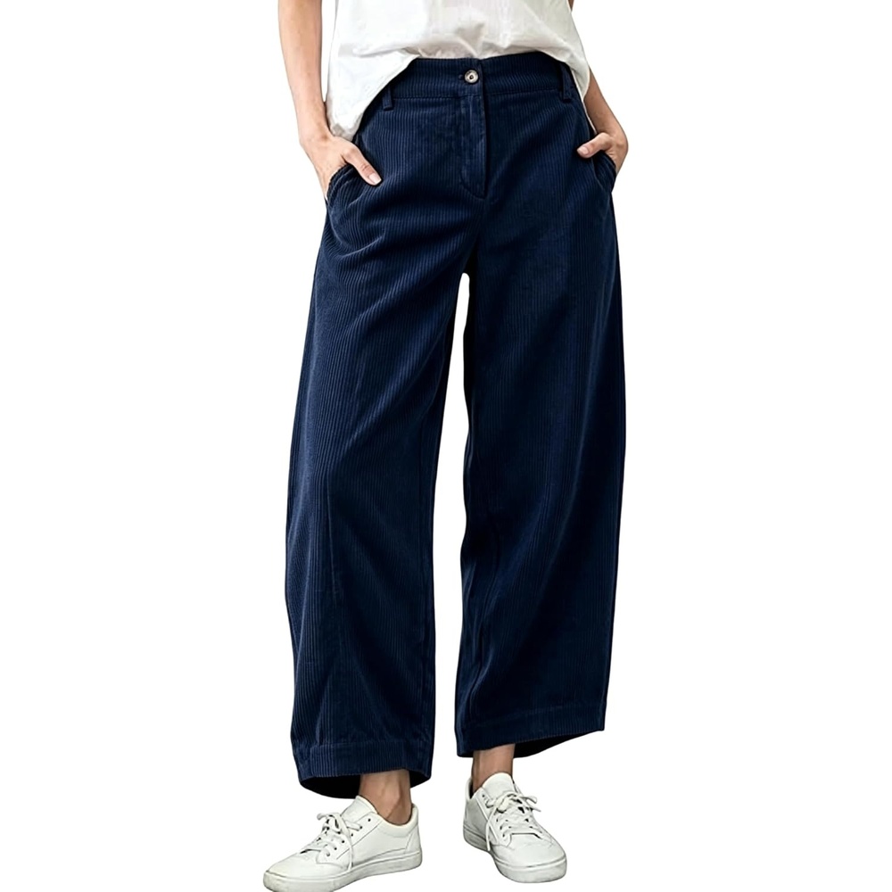 image:imageSpringrain Womens Corduroy Barrel Pants High Waist Wide Leg Front Button Elastic Back Waist Side Pockets Rear Patch Pocket Soft Ribbed Texture for Warmth Great for Fall Daily WearNavy