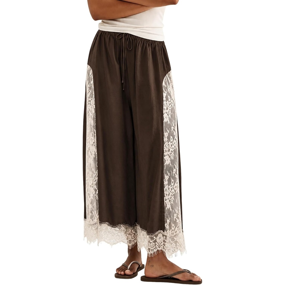 image:imageSpringrain Womens Flowy Lace Trim Wide Leg Pants Boho Fall Pants Elastic Drawstring Waist Lace Panel Layered Design Lightweight Flowy Soft Fabric Versatile for Daily and Vacation WearBrown