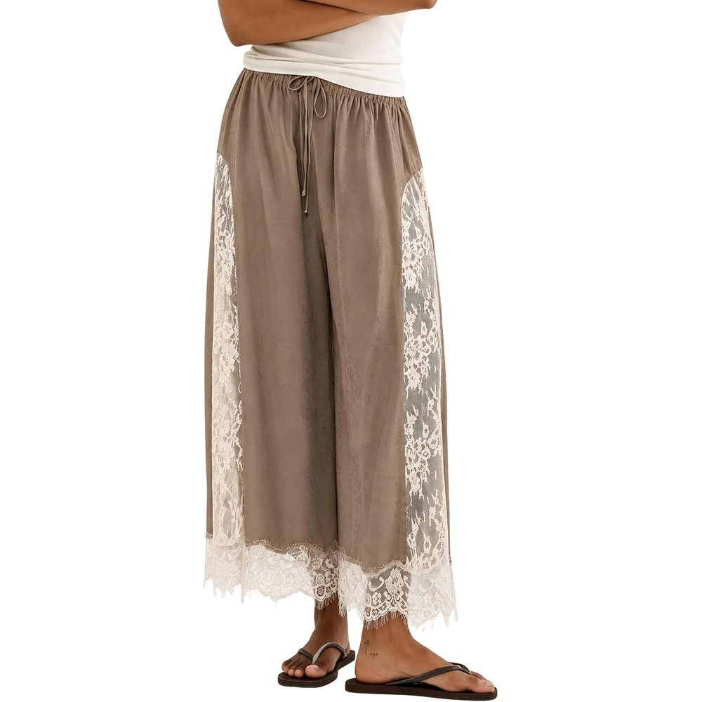 image:imageSpringrain Womens Flowy Lace Trim Wide Leg Pants Boho Fall Pants  Elastic Drawstring Waist Lace Panel Layered Design Lightweight Flowy Soft Fabric Versatile for Daily and Vacation WearKhaki