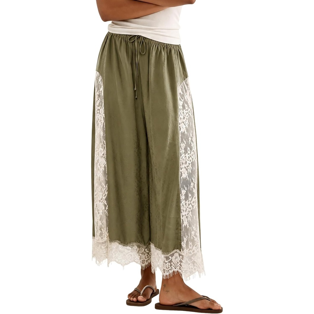 image:imageSpringrain Womens Flowy Lace Trim Wide Leg Pants Boho Fall Pants Elastic Drawstring Waist Lace Panel Layered Design Lightweight Flowy Soft Fabric Versatile for Daily and Vacation WearGreen