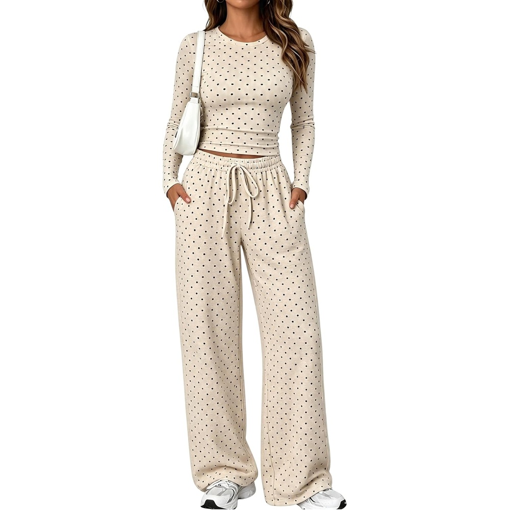 image:imageSpringrain Womens Lounge Sets Women 2 Piece Polka Dot Outfit  Adjustable Drawstring Elastic Waistband Convenient Side Pockets for Essentials Versatile Travel Weekend Casual WearKhaki