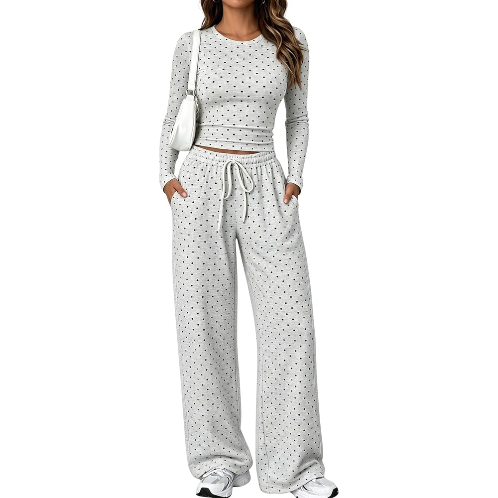 image:imageSpringrain Womens Lounge Sets Women 2 Piece Polka Dot Outfit  Adjustable Drawstring Elastic Waistband Convenient Side Pockets for Essentials Versatile Travel Weekend Casual WearGrey