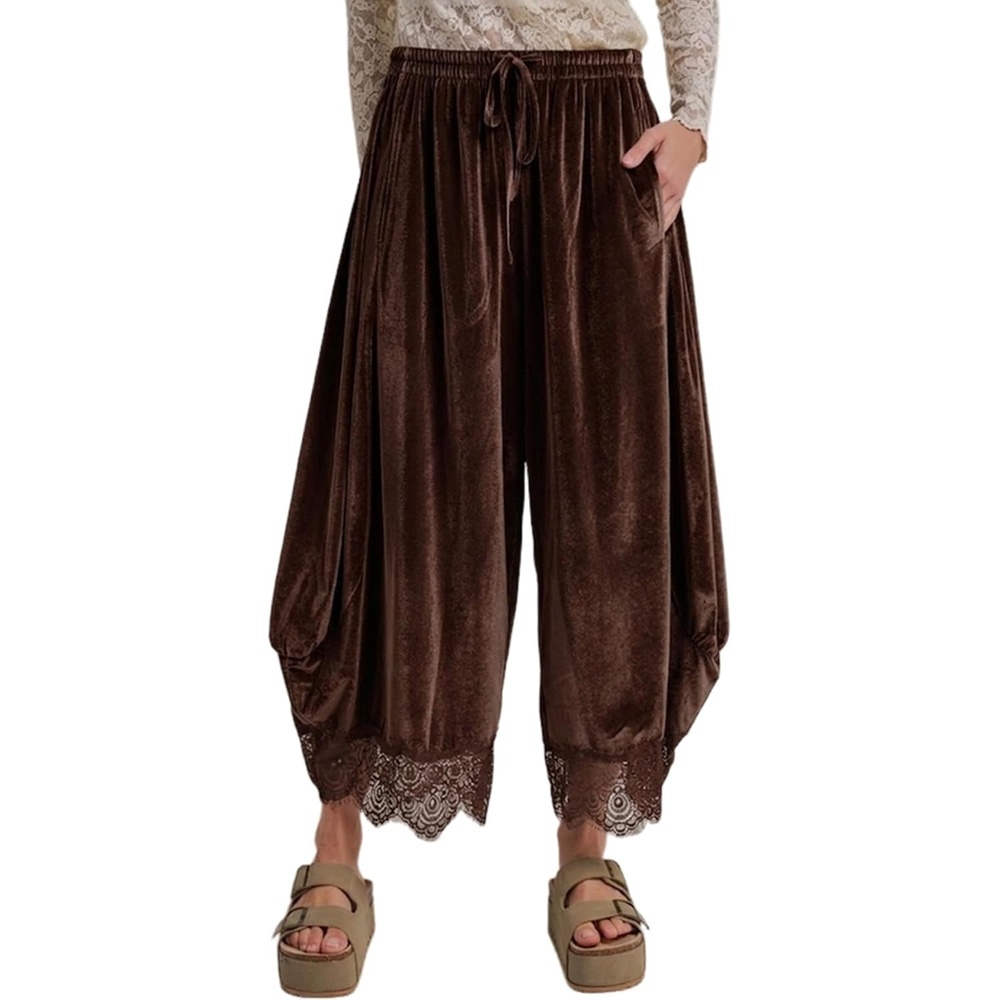 image:imageSpringrain Womens Velvet Lace Hem Wide Leg Pants with Pockets Adjustable drawstring waist soft wrinklefree velour fabric transitional season wear cropped ankle length fitChocolate