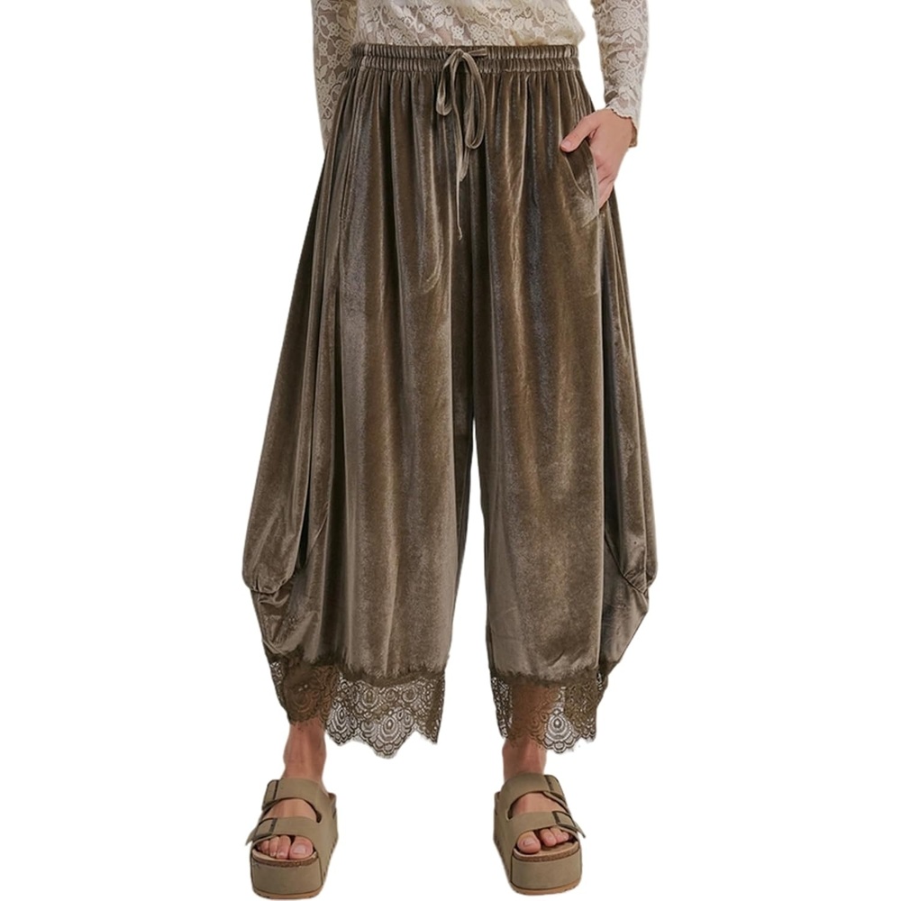 image:imageSpringrain Womens Velvet Lace Hem Wide Leg Pants with Pockets Adjustable drawstring waist soft wrinklefree velour fabric transitional season wear cropped ankle length fitTaupe