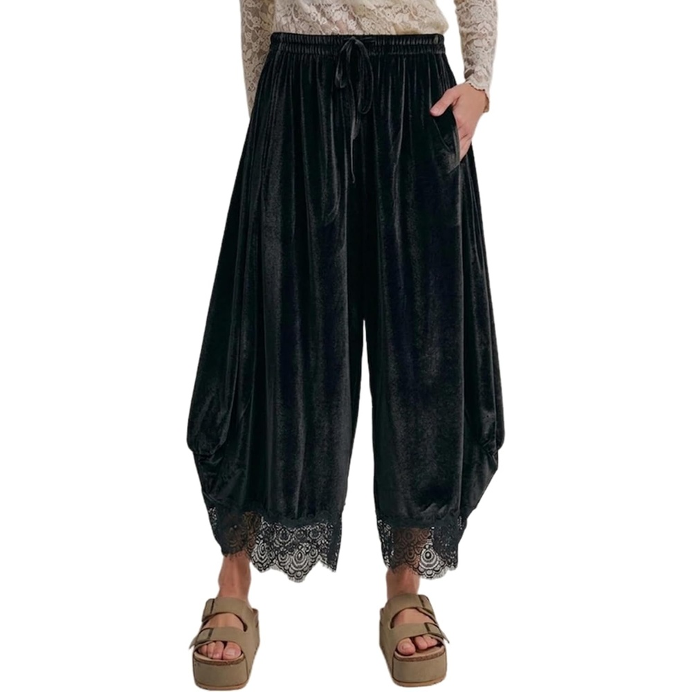 image:imageSpringrain Womens Velvet Lace Hem Wide Leg Pants with Pockets Adjustable drawstring waist soft wrinklefree velour fabric transitional season wear cropped ankle length fitBlack