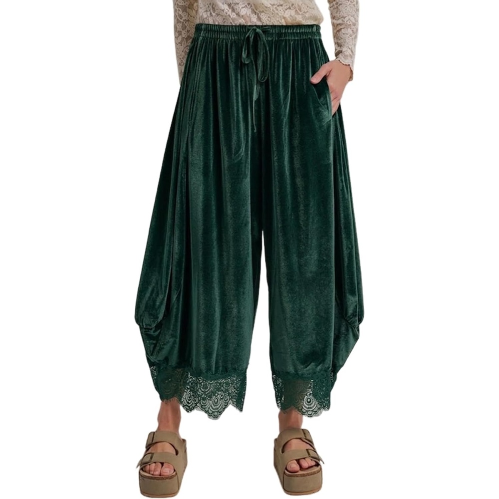image:imageSpringrain Womens Velvet Lace Hem Wide Leg Pants with Pockets Adjustable drawstring waist soft wrinklefree velour fabric transitional season wear cropped ankle length fitDarkgreen