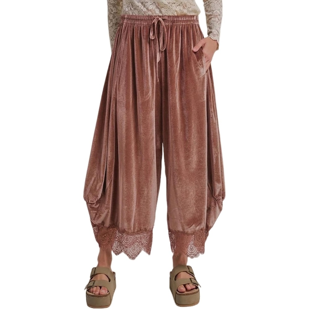 image:imageSpringrain Womens Velvet Lace Hem Wide Leg Pants with Pockets Adjustable drawstring waist soft wrinklefree velour fabric transitional season wear cropped ankle length fitPink