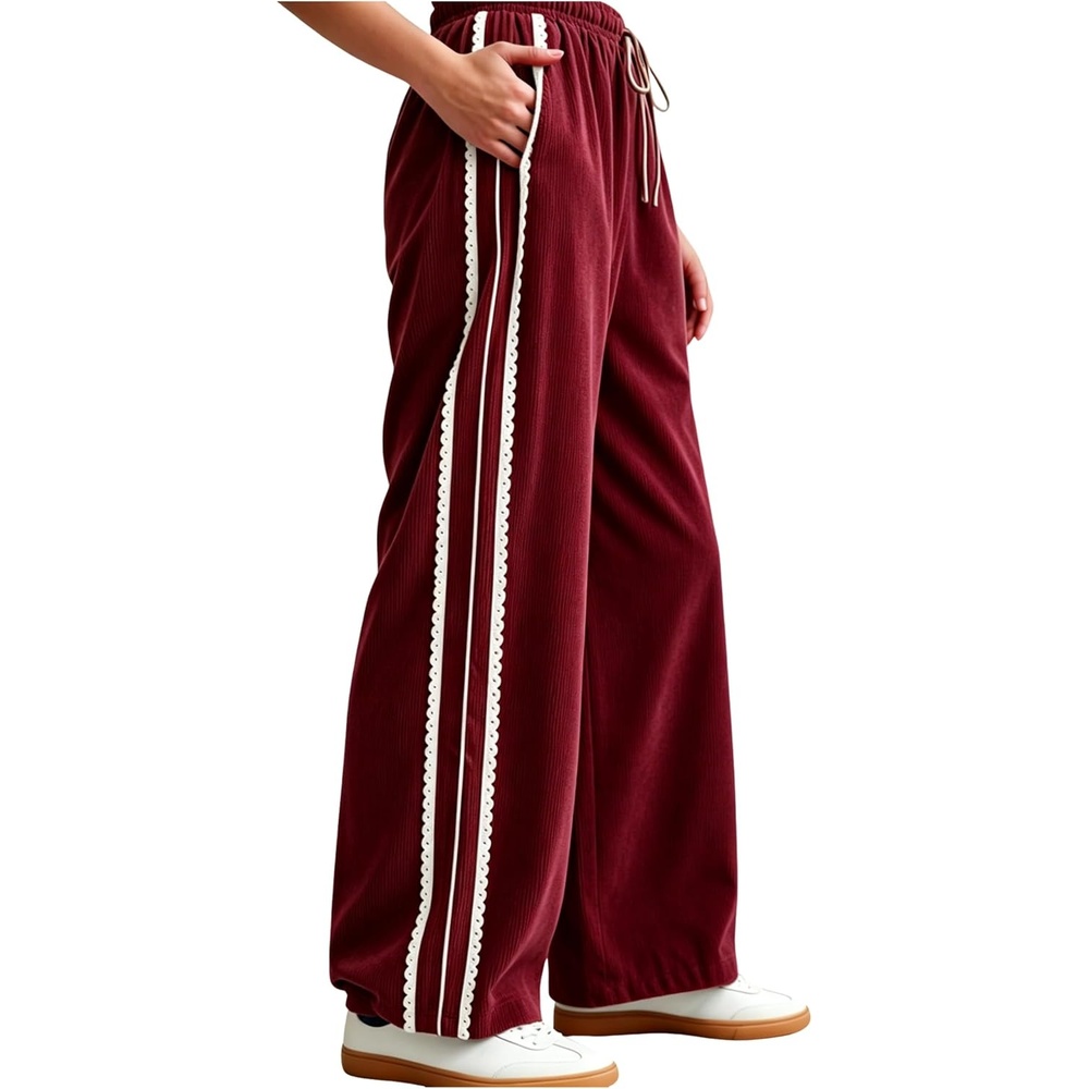 image:imageSpringrain Womens Wide Leg Corduroy Drawstring Side Stripe Pants  Scalloped lace trim accent Functional Side Pockets Wrinkle Fade Resistant Silky Draping TextureRed
