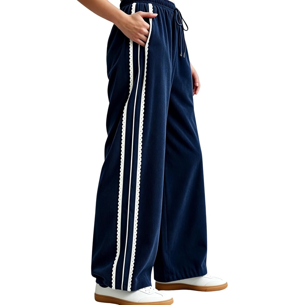image:imageSpringrain Womens Wide Leg Corduroy Drawstring Side Stripe Pants Scalloped lace trim accent Functional Side Pockets Wrinkle Fade Resistant Silky Draping TextureNavyblue