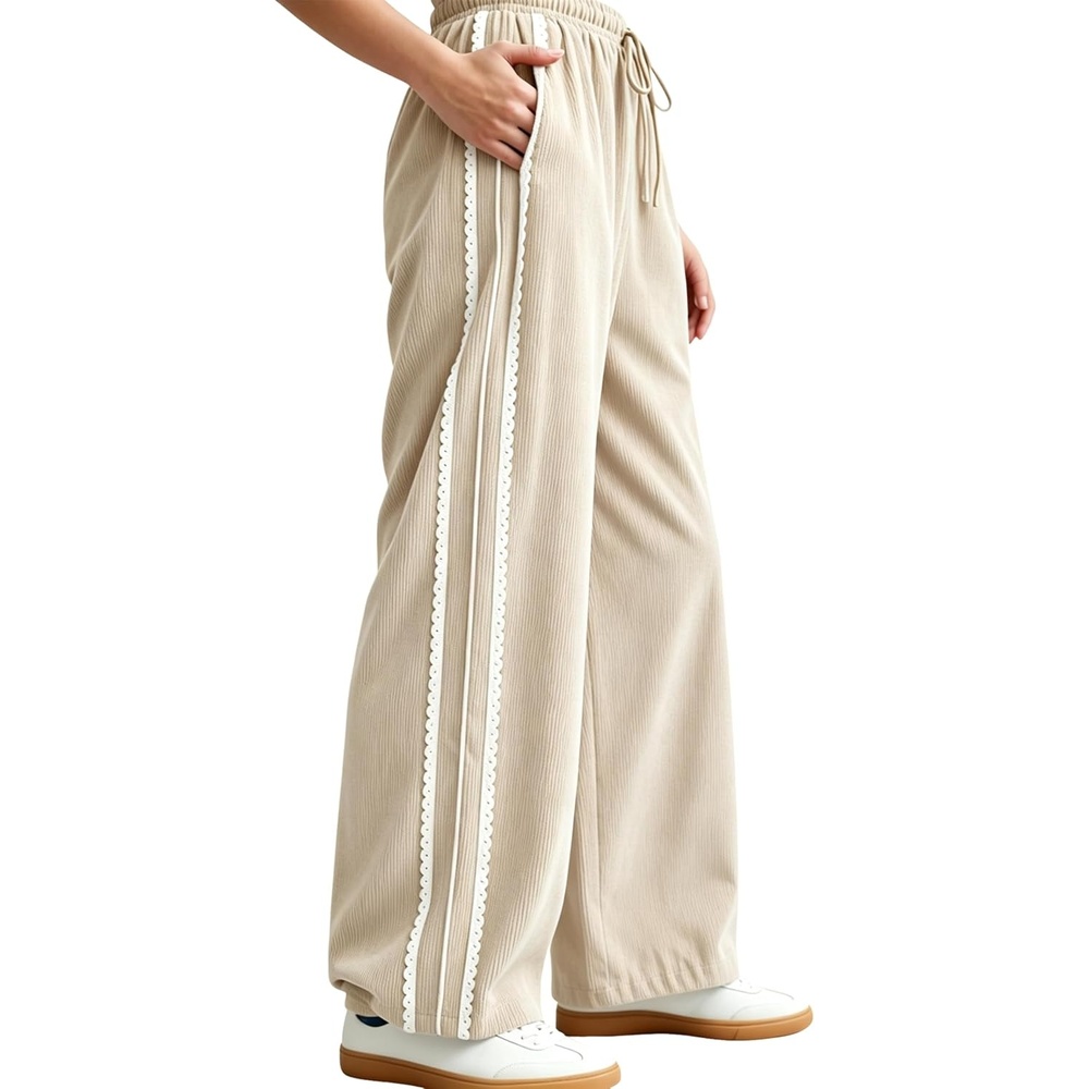 image:imageSpringrain Womens Wide Leg Corduroy Drawstring Side Stripe Pants Scalloped lace trim accent Functional Side Pockets Wrinkle Fade Resistant Silky Draping TextureBeige