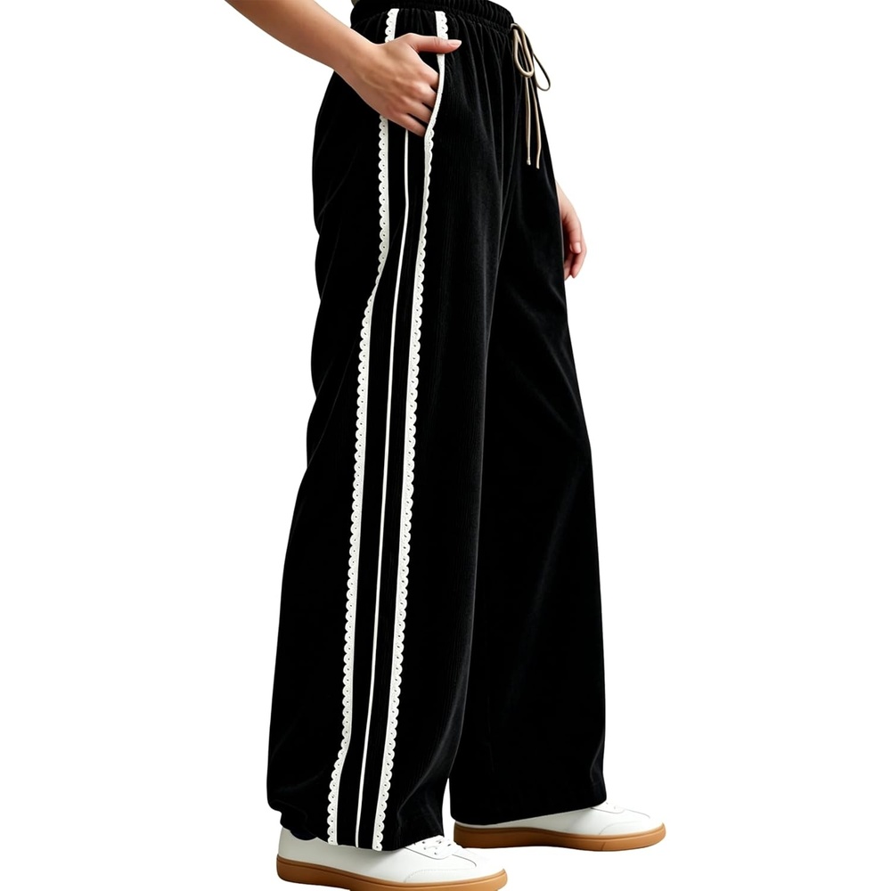 image:imageSpringrain Womens Wide Leg Corduroy Drawstring Side Stripe Pants Scalloped lace trim accent Functional Side Pockets Wrinkle Fade Resistant Silky Draping TextureBlack