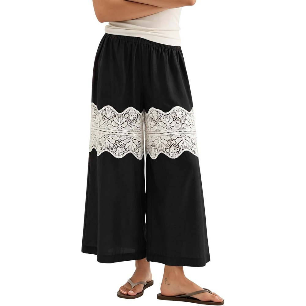 image:imageSpringrain Womens Wide Leg Lace Palazzo Pants Cotton Boho FallBlack