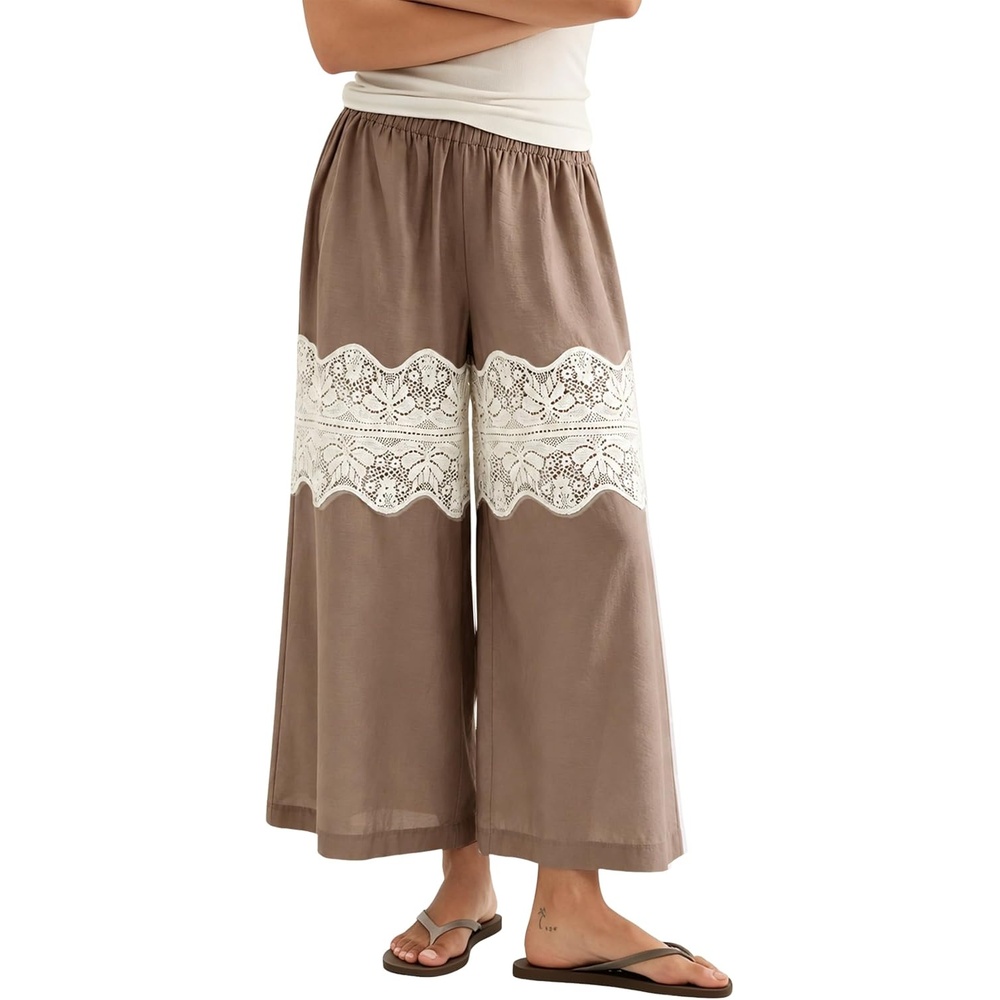 image:imageSpringrain Womens Wide Leg Lace Palazzo Pants Cotton Boho FallKhaki