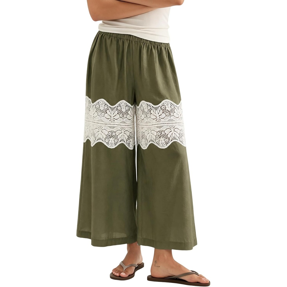 image:imageSpringrain Womens Wide Leg Lace Palazzo Pants Cotton Boho FallOlive