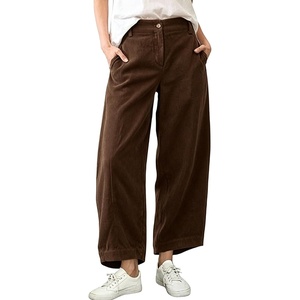 Springrain Women’s Corduroy Barrel Pants High Waist Wide Leg | Front Button Elastic Back Waist, Side Pockets Rear Patch Pocket, Soft Ribbed Texture for Warmth, Great for Fall Daily Wear(Coffee)