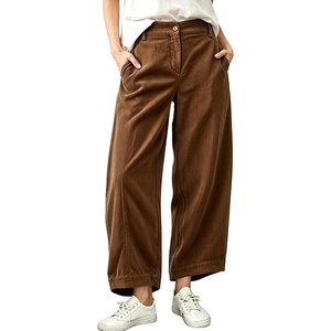 Springrain Women’s Corduroy Barrel Pants High Waist Wide Leg | Front Button Elastic Back Waist, Side Pockets Rear Patch Pocket, Soft Ribbed Texture for Warmth, Great for Fall Daily Wear(Brown)