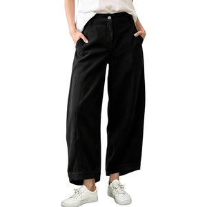 Springrain Women’s Corduroy Barrel Pants High Waist Wide Leg | Front Button Elastic Back Waist, Side Pockets Rear Patch Pocket, Soft Ribbed Texture for Warmth, Great for Fall Daily Wear(Black)