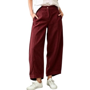 Springrain Women’s Corduroy Barrel Pants High Waist Wide Leg | Front Button Elastic Back Waist, Side Pockets Rear Patch Pocket, Soft Ribbed Texture for Warmth, Great for Fall Daily Wear(Winered)