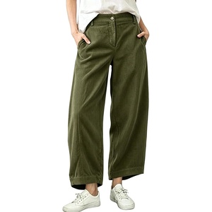Springrain Women’s Corduroy Barrel Pants High Waist Wide Leg | Front Button Elastic Back Waist, Side Pockets Rear Patch Pocket, Soft Ribbed Texture for Warmth, Great for Fall Daily Wear(Green)