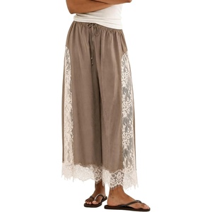 Springrain Women’s Flowy Lace Trim Wide Leg Pants Boho Fall Pants | Elastic Drawstring Waist, Lace Panel Layered Design, Lightweight Flowy Soft Fabric, Versatile for Daily and Vacation Wear(Khaki)