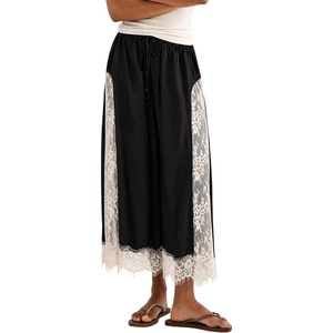 Springrain Women’s Flowy Lace Trim Wide Leg Pants Boho Fall Pants | Elastic Drawstring Waist, Lace Panel Layered Design, Lightweight Flowy Soft Fabric, Versatile for Daily and Vacation Wear(Black)