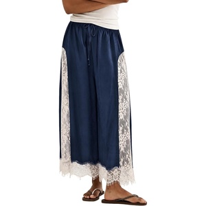 Springrain Women’s Flowy Lace Trim Wide Leg Pants Boho Fall Pants | Elastic Drawstring Waist, Lace Panel Layered Design, Lightweight Flowy Soft Fabric, Versatile for Daily and Vacation Wear(Navy)