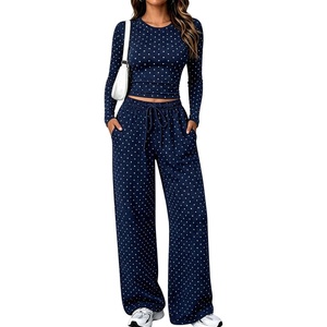 Springrain Women’s Lounge Sets Women 2 Piece Polka Dot Outfit | Adjustable Drawstring Elastic Waistband, Convenient Side Pockets for Essentials, Versatile Travel Weekend Casual Wear(Navy)
