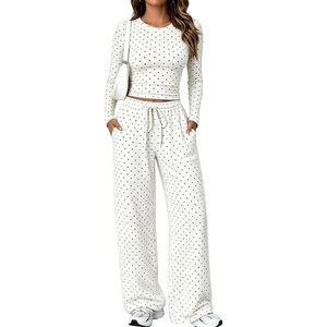 Springrain Women’s Lounge Sets Women 2 Piece Polka Dot Outfit | Adjustable Drawstring Elastic Waistband, Convenient Side Pockets for Essentials, Versatile Travel Weekend Casual Wear(White)