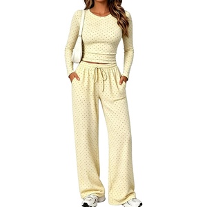 Springrain Women’s Lounge Sets Women 2 Piece Polka Dot Outfit | Adjustable Drawstring Elastic Waistband, Convenient Side Pockets for Essentials, Versatile Travel Weekend Casual Wear(Yellow)