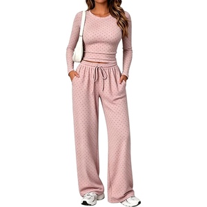 Springrain Women’s Lounge Sets Women 2 Piece Polka Dot Outfit | Adjustable Drawstring Elastic Waistband, Convenient Side Pockets for Essentials, Versatile Travel Weekend Casual Wear(Pink)