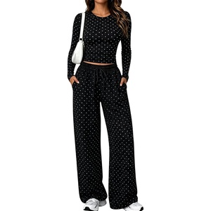 Springrain Women’s Lounge Sets Women 2 Piece Polka Dot Outfit | Adjustable Drawstring Elastic Waistband, Convenient Side Pockets for Essentials, Versatile Travel Weekend Casual Wear(Black)