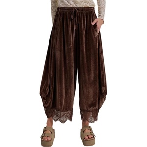Springrain Women’s Velvet Lace Hem Wide Leg Pants with Pockets | Adjustable drawstring waist, soft wrinkle-free velour fabric, transitional season wear, cropped ankle length fit(Chocolate)