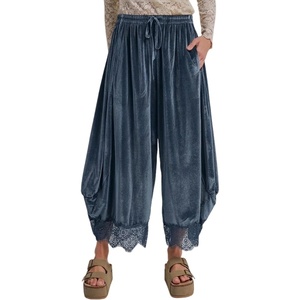Springrain Women’s Velvet Lace Hem Wide Leg Pants with Pockets | Adjustable drawstring waist, soft wrinkle-free velour fabric, transitional season wear, cropped ankle length fit(Blue)