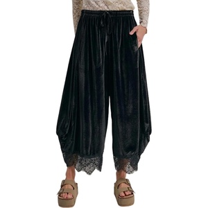 Springrain Women’s Velvet Lace Hem Wide Leg Pants with Pockets | Adjustable drawstring waist, soft wrinkle-free velour fabric, transitional season wear, cropped ankle length fit(Black)