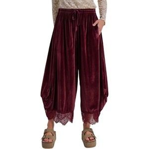Springrain Women’s Velvet Lace Hem Wide Leg Pants with Pockets | Adjustable drawstring waist, soft wrinkle-free velour fabric, transitional season wear, cropped ankle length fit(Wine)