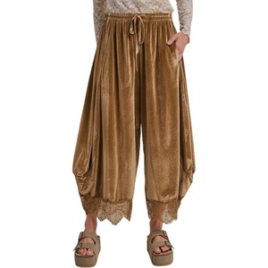 Springrain Women’s Velvet Lace Hem Wide Leg Pants with Pockets | Adjustable drawstring waist, soft wrinkle-free velour fabric, transitional season wear, cropped ankle length fit(Camel)