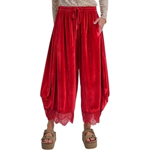 Springrain Women’s Velvet Lace Hem Wide Leg Pants with Pockets | Adjustable drawstring waist, soft wrinkle-free velour fabric, transitional season wear, cropped ankle length fit(Red)