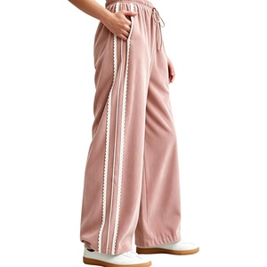 Springrain Women’s Wide Leg Corduroy Drawstring Side Stripe Pants | Scalloped lace trim accent, Functional Side Pockets, Wrinkle Fade Resistant, Silky Draping Texture(Pink)