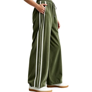 Springrain Women’s Wide Leg Corduroy Drawstring Side Stripe Pants | Scalloped lace trim accent, Functional Side Pockets, Wrinkle Fade Resistant, Silky Draping Texture(Green)